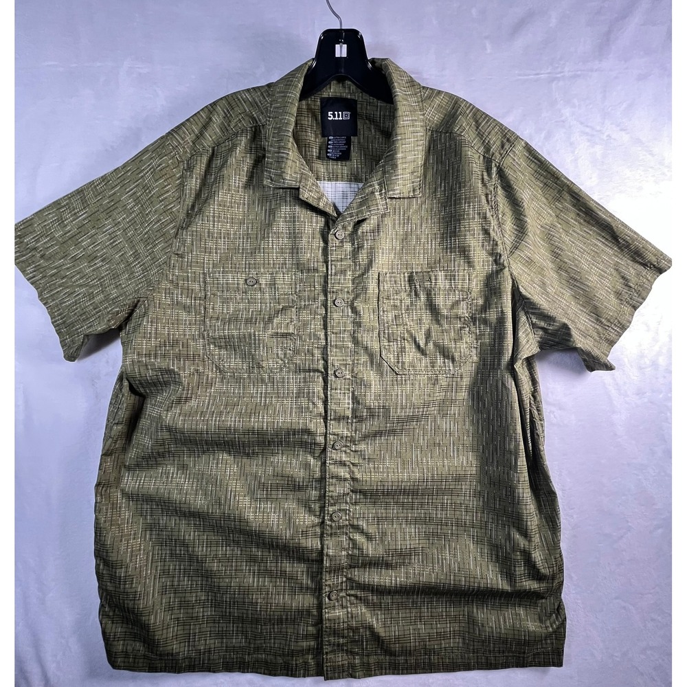 5.11 Tactical Mens XL Short Sleeve Button Down Shirt Olive Green Grid Pattern